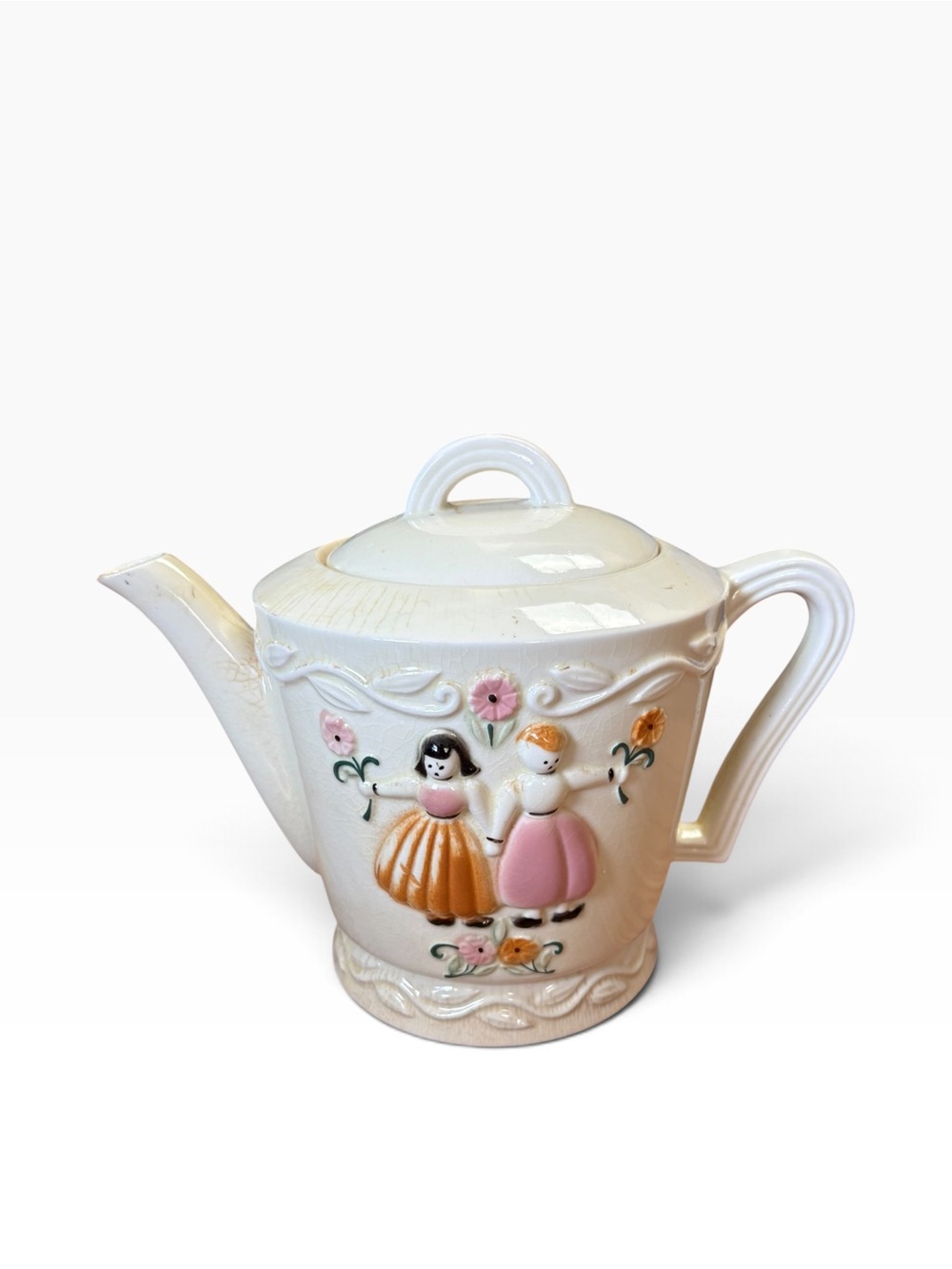 vintage porcelier White Ceramic Teapot with PinkOrange Figurine cottagecore
